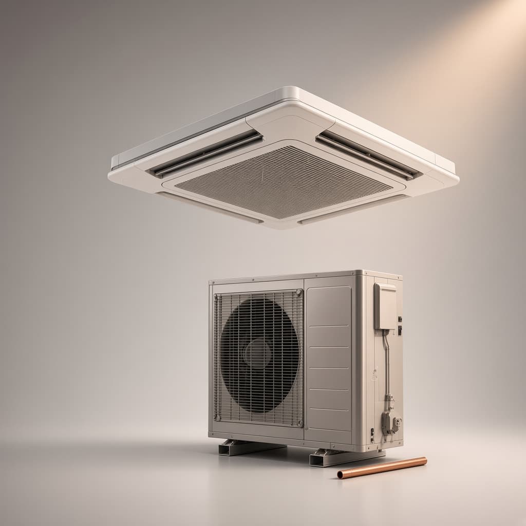 Điều hòa âm trần và dàn nóng trên nền studio ấm