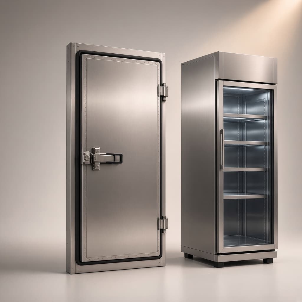 Tủ inox cửa đặc cạnh tủ mát cửa kính