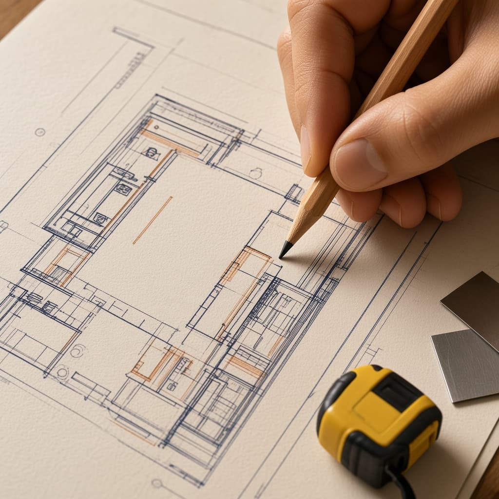 Tay vẽ mặt bằng bếp nhà hàng trên giấy can bằng bút chì