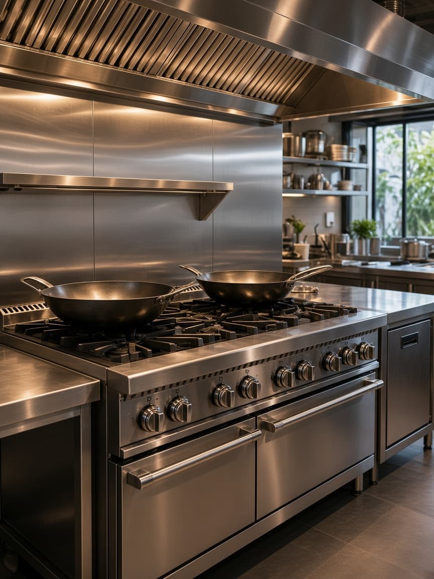 Bếp gas công nghiệp dưới chụp hút inox