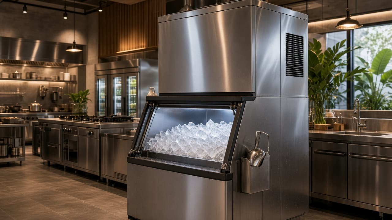 Máy làm đá inox trong gian bếp có cửa sổ lớn