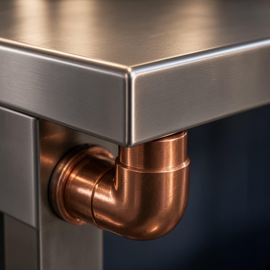 Mép bàn inox gặp cút nối ống đồng gas