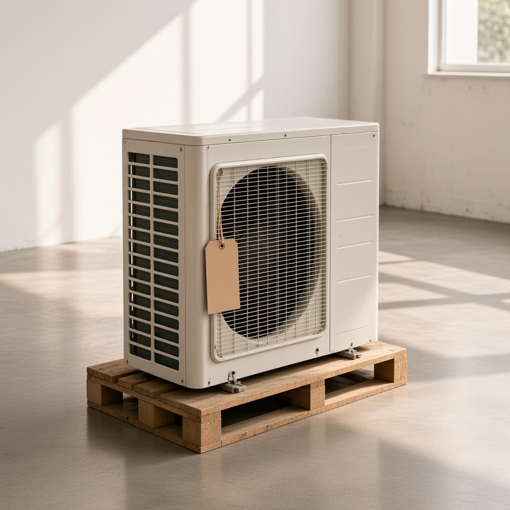 Dàn nóng điều hòa cũ có thẻ kraft trên lưới