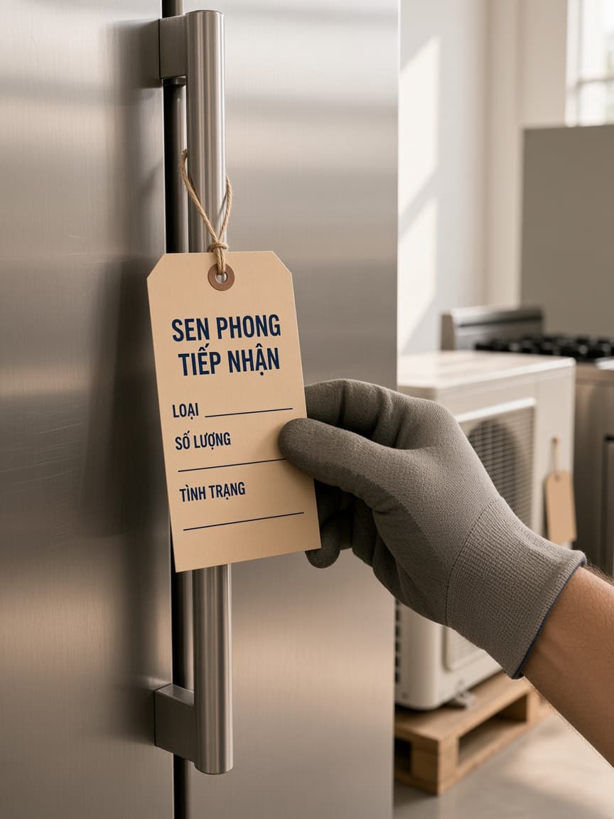 Tay đeo găng gắn thẻ kraft tiếp nhận lên tủ inox