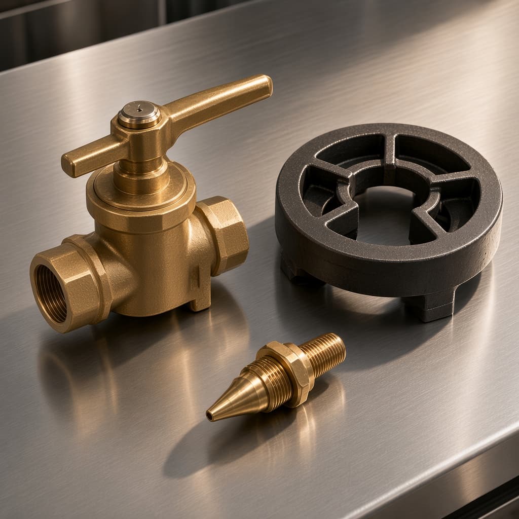 Van gas đồng thau và béc đốt trên mặt inox
