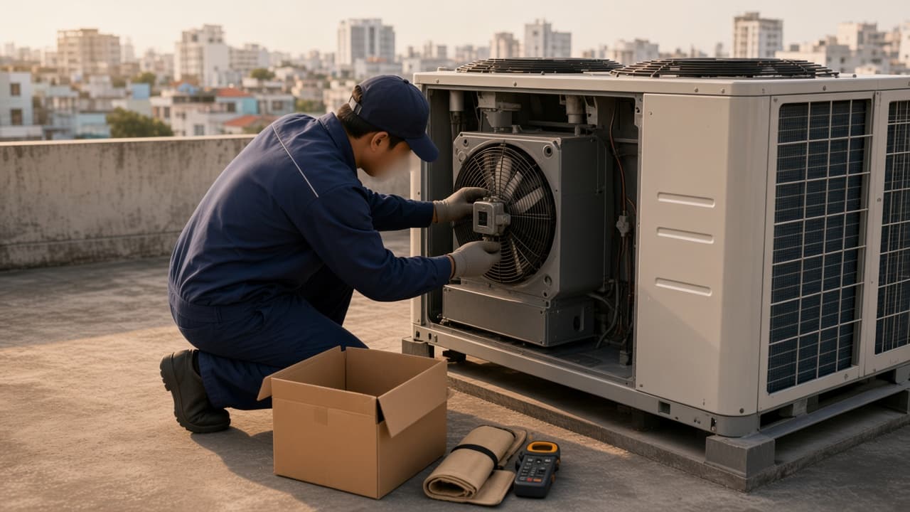Kỹ thuật viên quỳ cạnh dàn nóng đã mở nắp, lắp mô tơ quạt mới