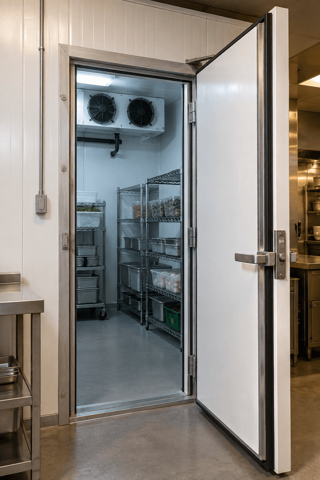Cửa kho lạnh panel mở hé nhìn thấy kệ bên trong