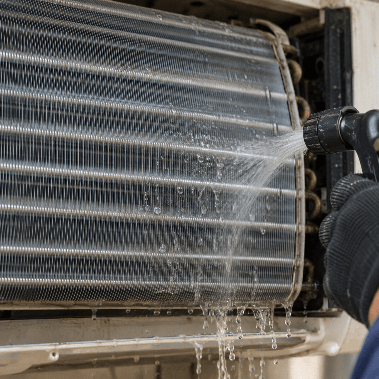 Kỹ thuật viên rửa dàn tản nhiệt của dàn nóng bằng nước áp lực thấp