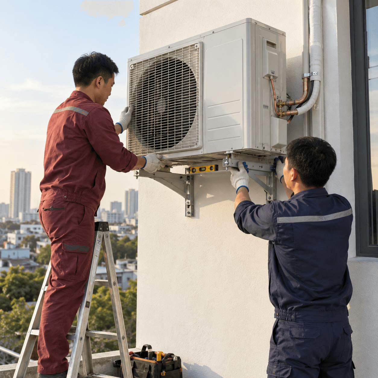 Hai kỹ thuật viên lắp dàn nóng lên giá đỡ