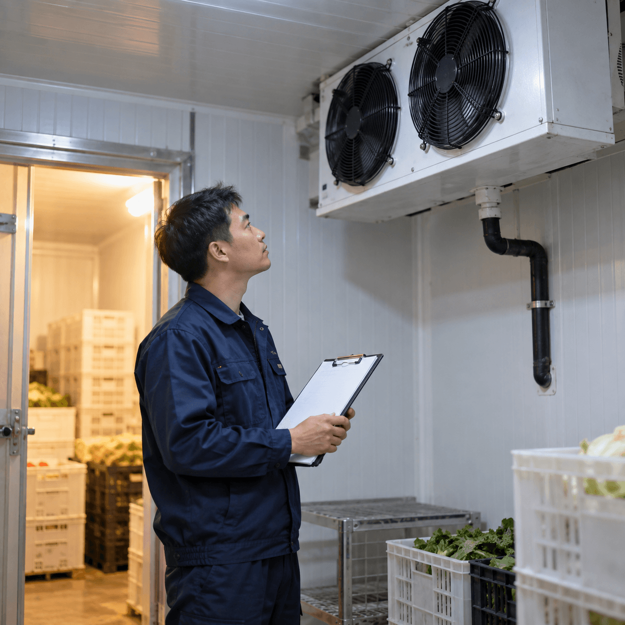 Kỹ thuật viên cầm bảng ghi chép khảo sát trong kho lạnh