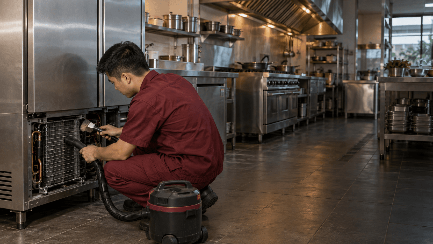 Kỹ thuật viên áo đỏ kiểm tra thiết bị trong gian bếp